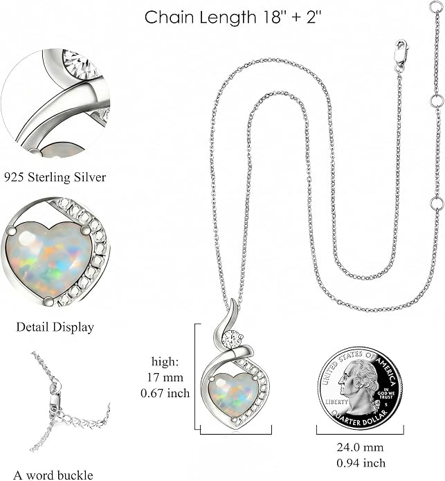 Heart Necklace 925 Sterling Silver Created Moonstone/Turquoise/Lapis Lazuli/Opal Heart Necklace Pendant Necklace Jewelry Gifts for Women