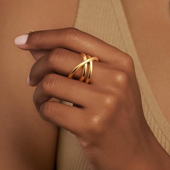 MPRAINBOW Chunky Gold Rings for Women - 18K Gold Plated Ring,Non-Tarnish Stainless Steel Statement Band Trendy Jewelry Gift,Party Prom Christmas Valentines Day Birthday Gifts for Girlfriend Sister
