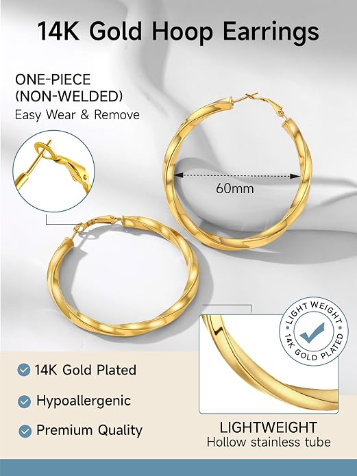 Stainless Steel Chunky Hoop Earrings For Women, Minimalist and Chic, Black/Gold Plated, Round Hoops Earrings Hypoallergenic, Size: 30mm/40mm/60mm/80mm, Come with Box