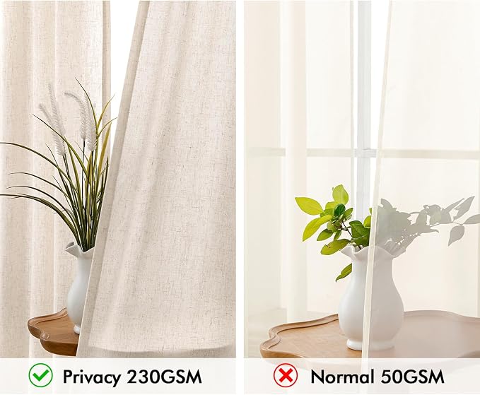MIULEE Non-See-Through Privacy Linen Curtains 52W x 63L Inch Birch | 2 Panels, Light Filtering, Semi Sheer Window Curtains, Farmhouse Textured, Back Tab Drapes for Bedroom Living Room