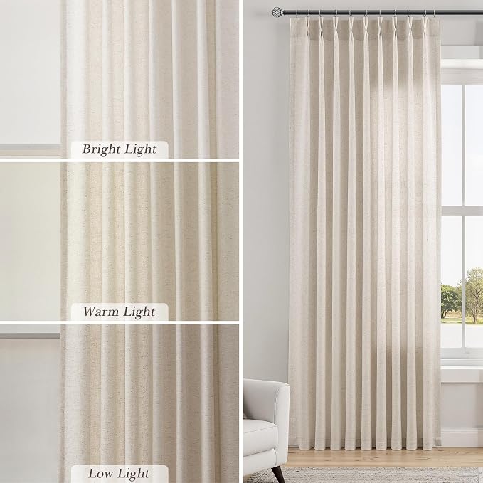Ivory White Linen Pinch Pleated Curtains 90 Inches Long 2 Panels for Living Room Semi Sheer Modern Aesthetic Pleat Drapes Light Filtering Window Treatments with Rod Pocket Back Tab for Bedroom 40x90