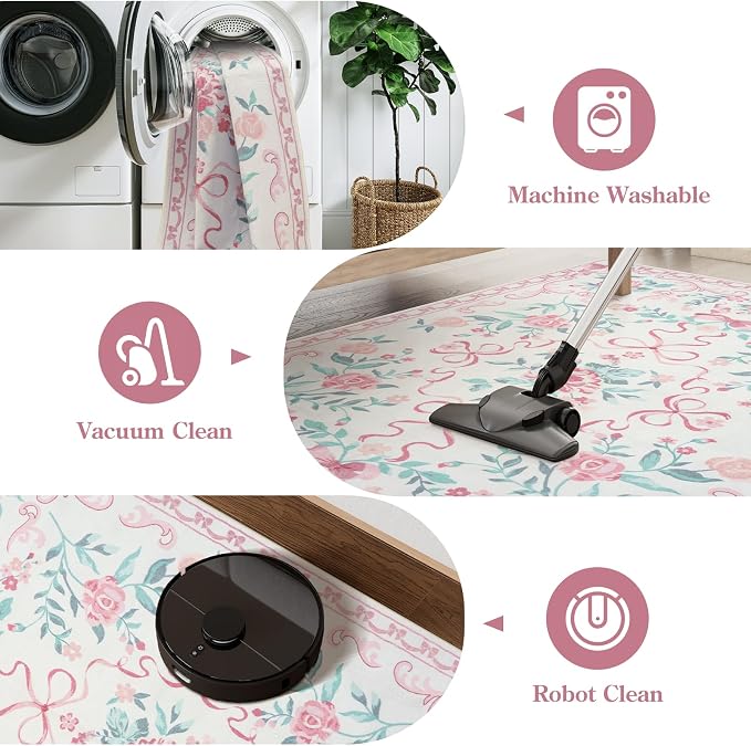 Collive Pink Rugs for Bedroom Girls, 4x6 Floral Washable Area Rug Non Slip, Soft Indoor Decor Elegant Carpet for Kids Room Nursery Living Room Dining Room (Pink 4' x 6')