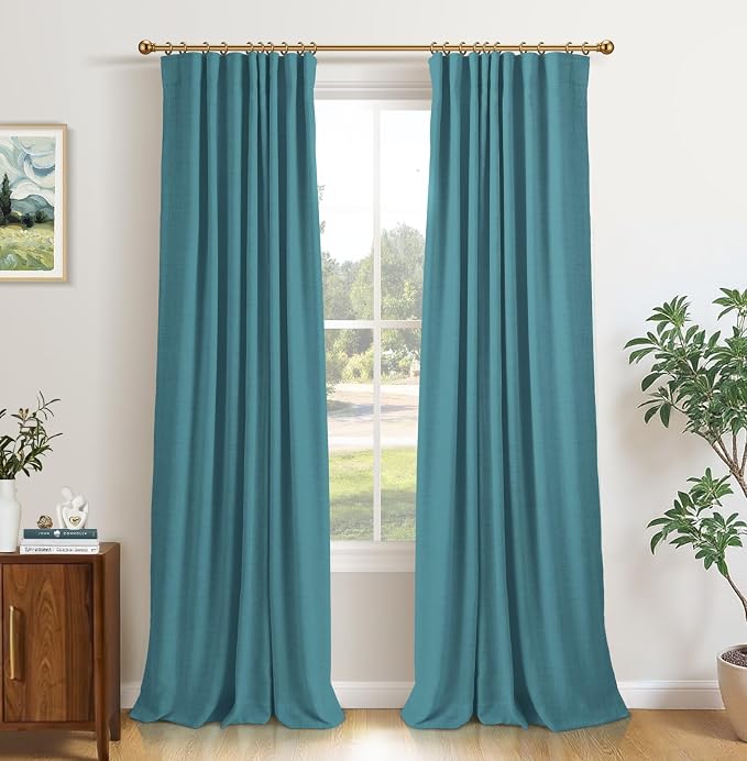 INOVADAY 100% Blackout Curtains for Bedroom, Teal Black Out Curtains 108 Inch Long, Clip Rings Linen Blackout Drapes, Thermal Insulated Room Darkening for Living Room, 2 Panels - W50xL108