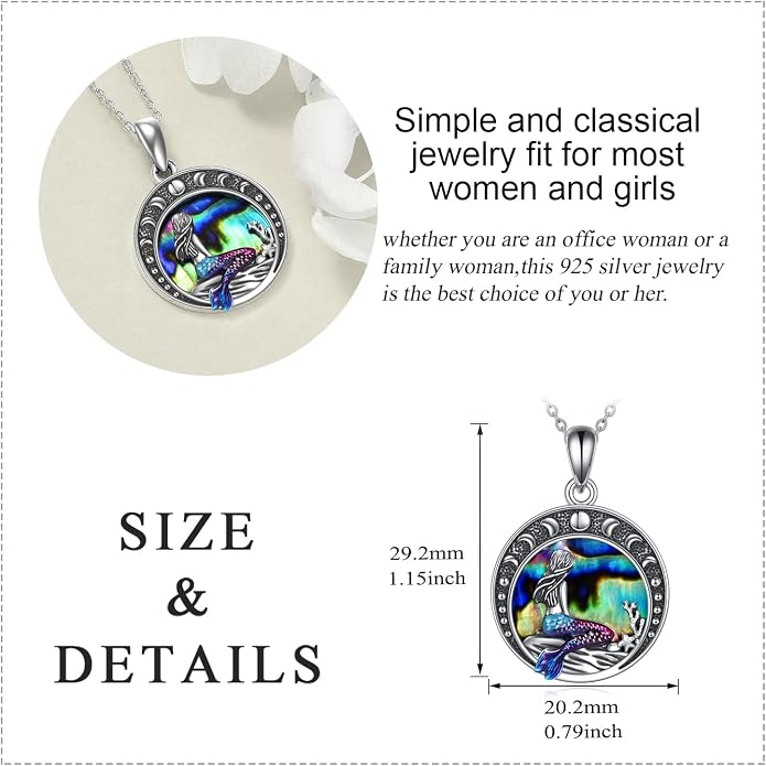LUHE Mermaid Necklace Jewelry Gifts Sterling Silver Sea Mermaid Crescent Moon and Star Necklace with Flower Pendant Birthday Gifts for Daughter Women