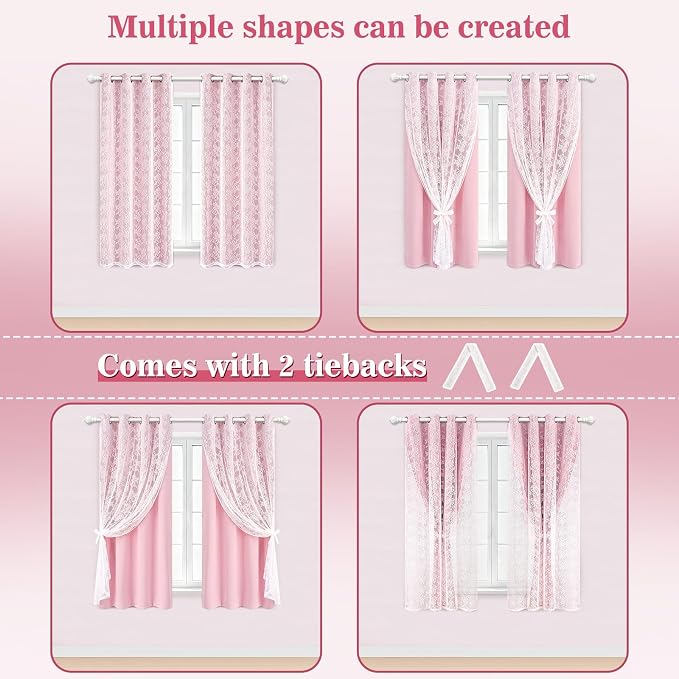 Yinhua Pink Blackout Curtains for Bedroom Double Layer Nursery Curtains for Living Room 63 Inch Length 2 Panels Set Kid Curtain with Floral Sheer Overlay, Grommet Drapes with Tiebacks, 52" W x 63" L