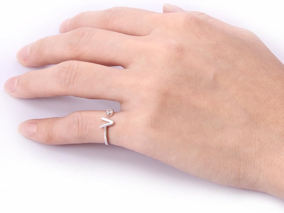 VIKI LYNN 925 Sterling Silver Rings Size 4.5 Adjustable Initial Letter Ring with Cubic Zirconia-Personalized Gifts for Women