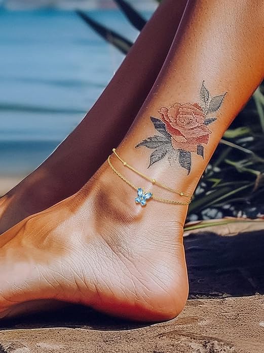 Richsteel Double Layer Heart/Butterfly Birthstone Anklet for Women Non Tarnish Waterproof, Silver/Gold/Black Stainless Steel 8.5-10.5 Inch Adjustable Chain Anklets Jewelry Gifts for Her