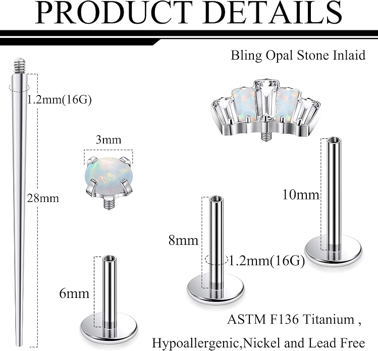 Ruifan Titanium Flat Back Lip Rings Internally Threaded Earrings Studs Nose Rings 16G Opal CZ Tragus Cartilage Lobe Rook Helix Conch Labret Medusa Piercing Jewelry for Women Men W Piercing Taper Set