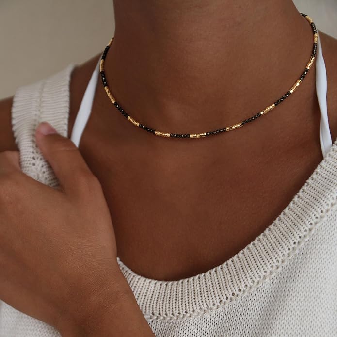 MYEARS Women Beaded Choker Necklace Gemstone 14K Gold Plated Simple Dainty Handmade Chain Everyday Trendy Jewelry