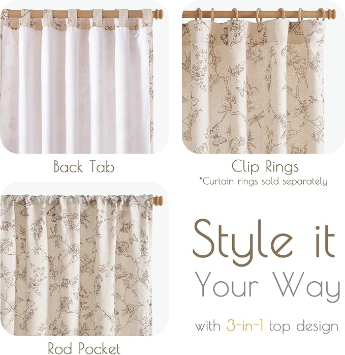 Lazzzy Charlotte Taupe Floral Curtains 84 Inch Length Linen Farmhouse Back Tab Drapes for Living Room Bedroom Light Filtering Vintage Rod Pocket, 2 Panels, Taupe on Beige