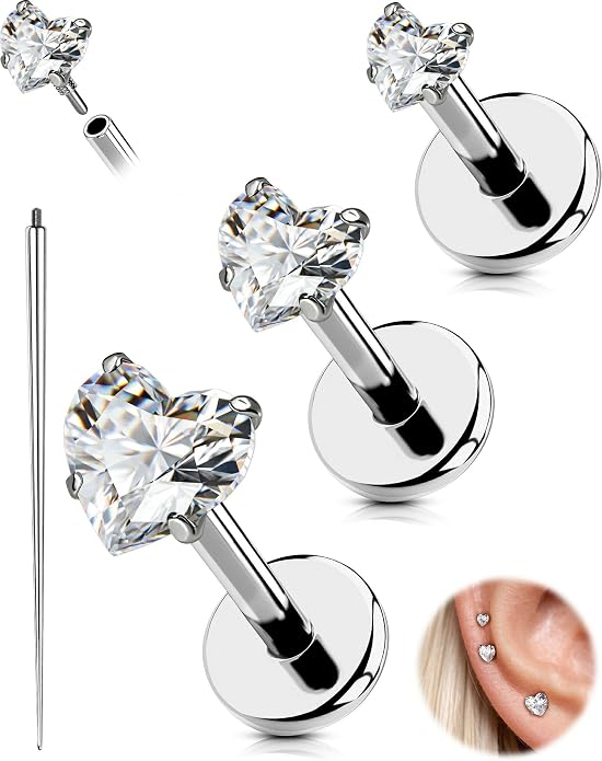 OUFER 18G 6/7/8MM Flat Back Cartilage EarRings-3PCS Gold Titanium Extended Internally Threaded Lip Piercing 2/3/4MM Round Clear CZ Helix Piercing Jewelry