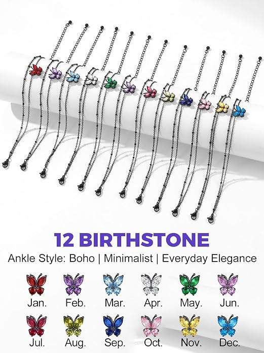 Richsteel Double Layer Heart/Butterfly Birthstone Anklet for Women Non Tarnish Waterproof, Silver/Gold/Black Stainless Steel 8.5-10.5 Inch Adjustable Chain Anklets Jewelry Gifts for Her