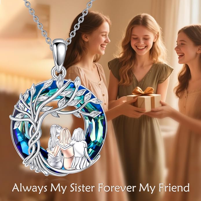 Sisters Necklace Sterling Silver Always My Sister Forever My Friend Jewelry Tree of Life Palm Trees Necklace for Women Female Friendship Jewelry