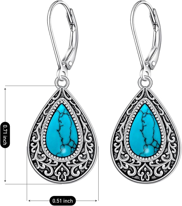 Turquoise Earrings for Women Sterling Silver Dangle Earrings Filigree Jewelry Drop Leverback Mothers Day Gift