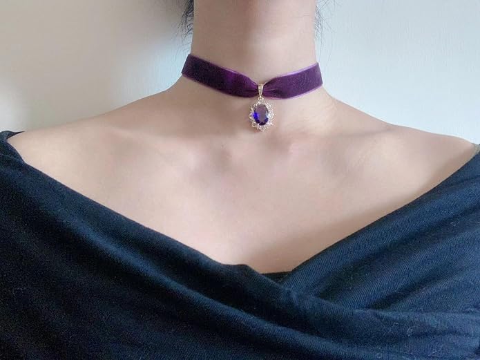 MOMOCAT 14K Gold Plated Sapphire Imitation Velvet Choker Necklace for Women Thick Chokers Birthstone Chocker Vintage Pendant Necklaces Chockers for Women Teen Girls Princess Costume Jewelry Aesthetic