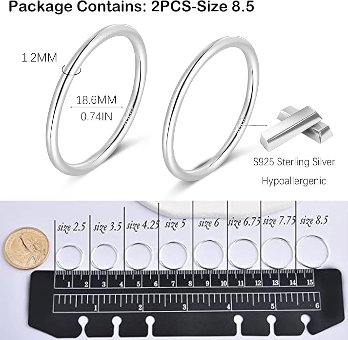 CANDYFANCY 925 Sterling Silver 1.2mm Stacking Midi Thin Rings Thumb Pinky Ring Stack Knuckle Rings for Women Band Ring Size 2.5-8.5