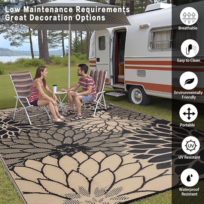 HUGEAR 6'x9' Outdoor Rug Waterproof Plastic Straw Rugs Brown Reversible Floral Mat Floor Carpet for Camping RV Deck Entryance Porch Picnic Balcony Beach Backyard