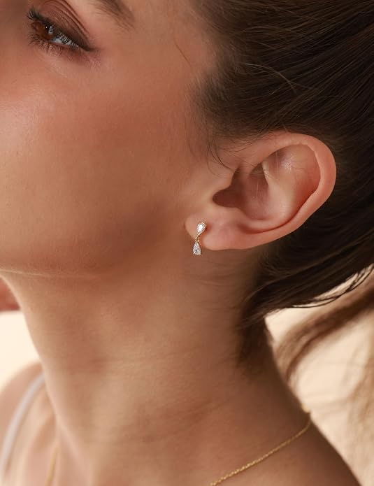ASHINE 14K Gold Plated Dangle Flat Back Earrings | Sterling Silver Posts Dainty Double Stone Multi-Shape Earring | Tragus Cartilage Piercing Jewelry for Women