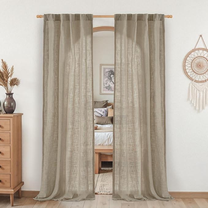 LAMIT Taupe Linen Boho Curtains 80 inch Length 2 Panels, Light Filtering Semi Sheer Panels Back Tab and Rod Pocket Neutral Drapes for Bedroom/Living Room, 34 x 80 Inch