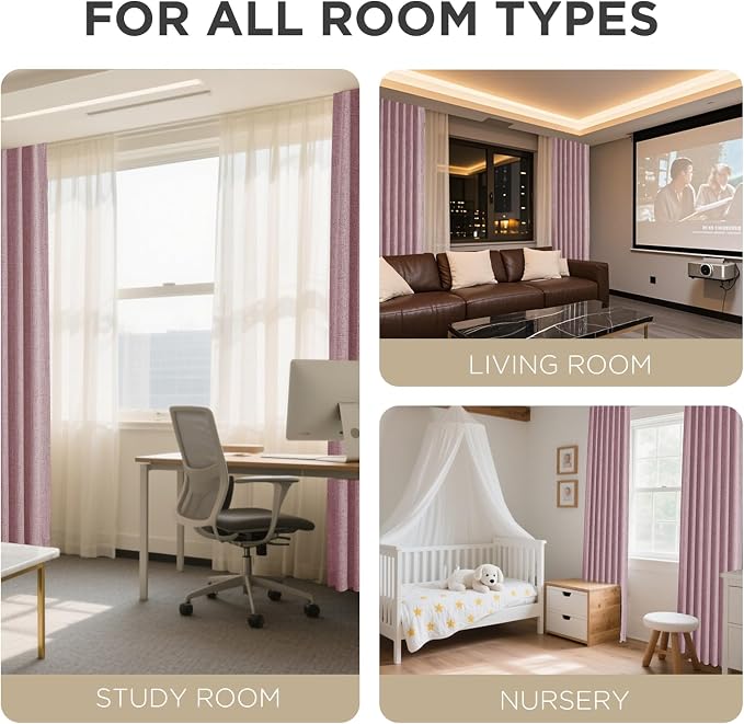 Joydeco Blackout Curtains for Bedroom - 100% Light Blocking 2 Panels Set Pink Drapes 37" W x 90" L, Thermal Insulated Room Darkening Curtains, Linen Textured for Living Room, Rod Pocket & Back Tabs