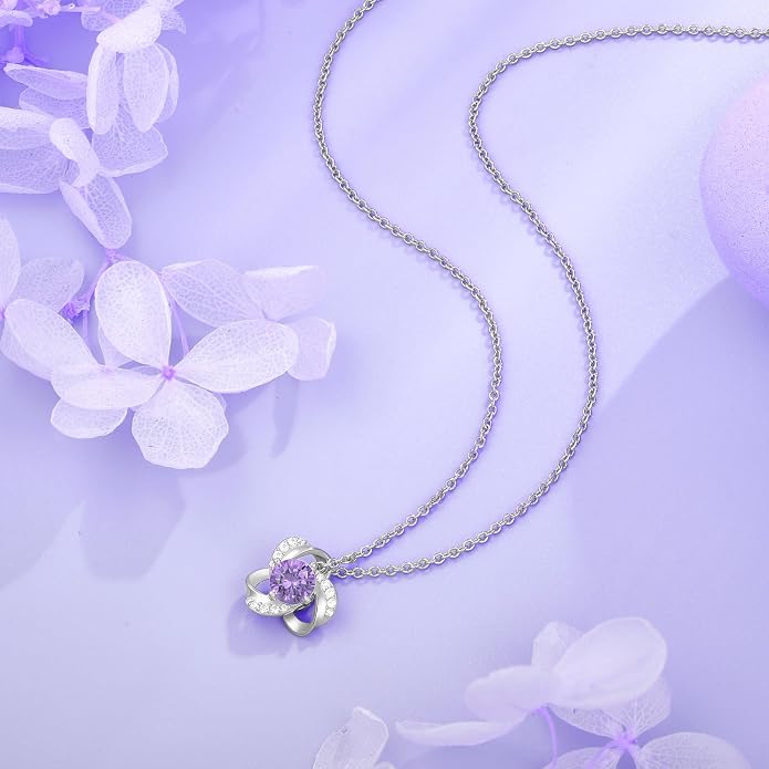 18K Gold Plated Love Knot Necklace for Women, 925 Sterling Silver Round cut Birthstone Pendant Necklace With Chain Lucky Flower Jewelry Gift