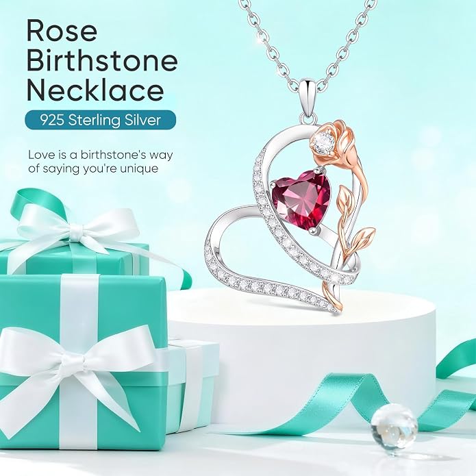 Rose Heart Birthstone Necklace for Women - Dainty 925 Sterling Silver Necklaces for Women Trendy CZ Pendant Necklace Jewelry Birthday Anniversary Christmas Gifts for Girlfriend Mom Lady Daughter