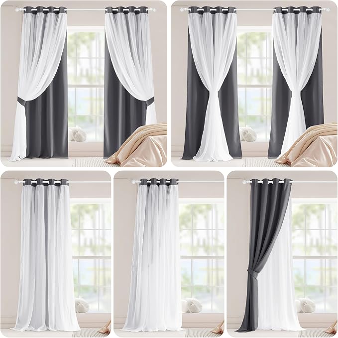PONY DANCE Double Layer Curtains - 84 inches Long for Living Room Blackout Curtains & Drapes with White Crushed Voile for Bedoom, 52 by 84 inches, Grey, 2 PCs