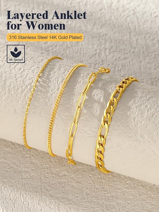 U7 2Pcs/3Pcs Ankle Bracelets for Women, Stainless Steel Cuban Link/Figaro/Rope/Heart Chain Anklets Sets,Waterproof Layered Anklets Adjustable 8.5"-10.5"