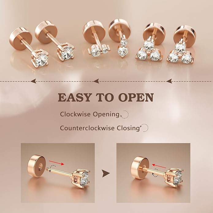 14K Gold Plated Solid 925 Sterling Silver Post Flat Back Earrings Stud | Cartilage Helix Conch Tragus Piercing Jewelry 3 Pairs Tiny Screw Dainty CZ Opal Earring Set Men Women