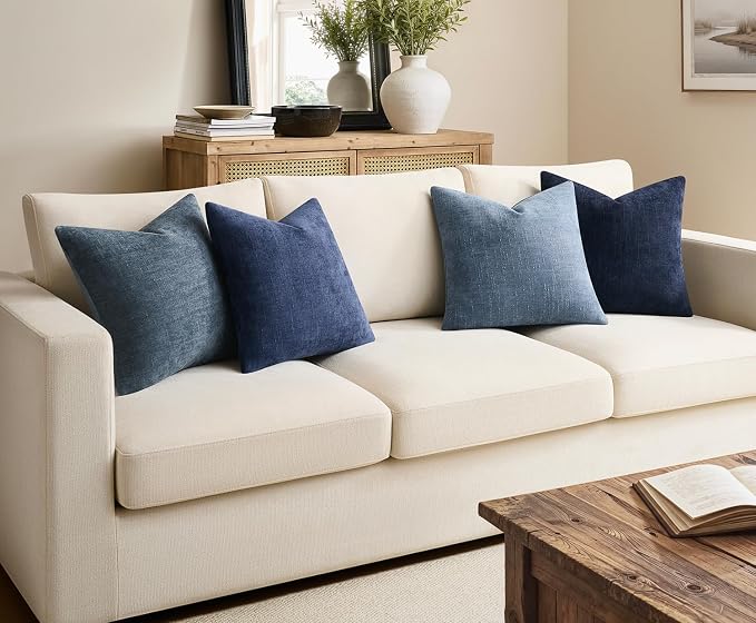 Pack of 4 Throw Pillow Covers 18x18 Inch Chenille Textured Neutral Blue Soft Pillow Covers Solid Decorative Farmhouse Cushion Covers Home Boho Decor for Couch Sofa Bed Living Room