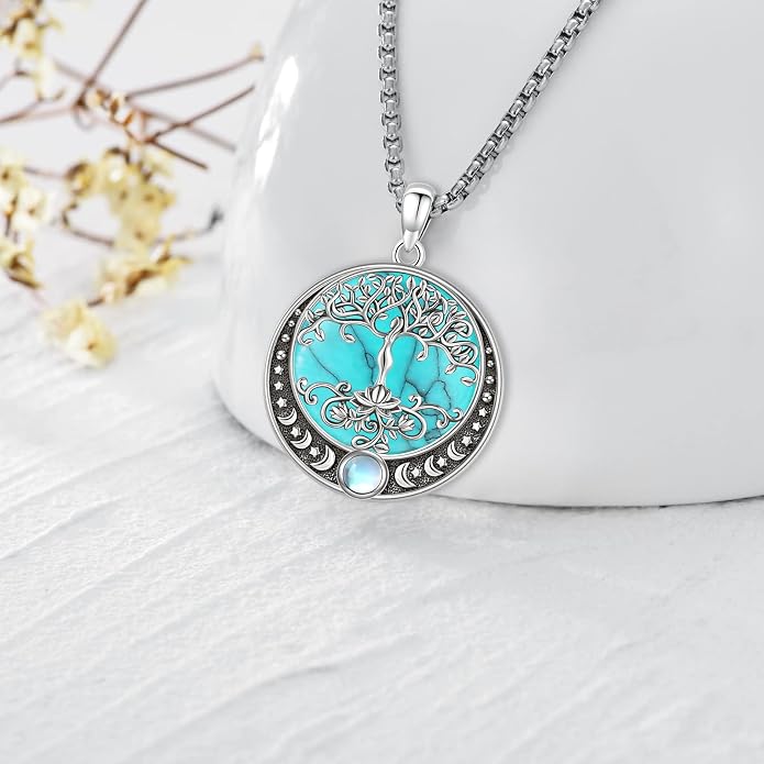 Sterling Silver Tree of Life Necklace for Women Oval Family Tree Necklace Abalone Shell Moonstone Pendant Mother Day Necklace for Mom Tree of Life Jewelry