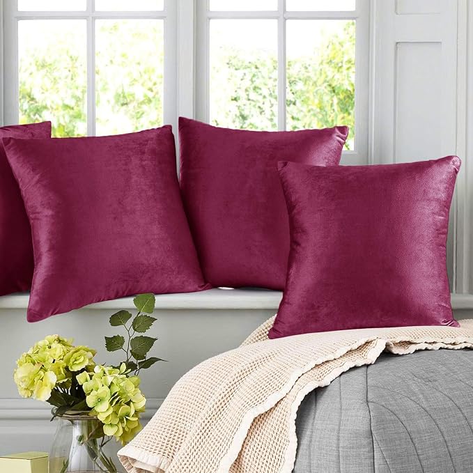 Nestl Throw Pillow Covers, Cozy Velvet Decorative Autumn Pillow Covers 22 x 22 Inches, Soft Solid Couch Pillow Covers for Sofa, Bed and Car, Set of 4 - Magenta