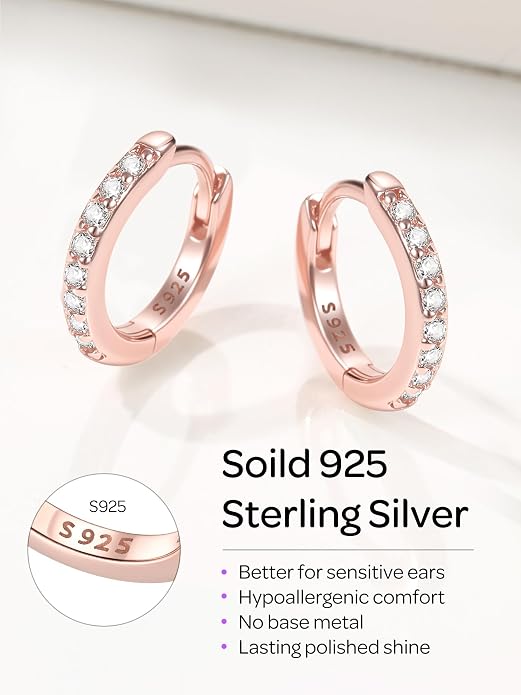 ChicSilver 925 Sterling Silver Huggie Earrings for Women 14K Gold Plated Silver Hoop Earrings for Women Hypoallergenic Small Cubic Zirconia Huggie Earring (6/8/10/12/14/16/18/20mm)