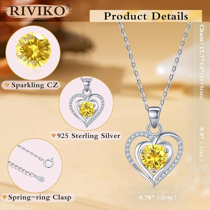 RIVIKO Heart Birthstone Pendant Necklace for Women 925 Sterling Silver Zirconia Necklaces Valentine's Day Anniversary Birthday Mothers Day Jewelry Gifts For Her Mother Wife