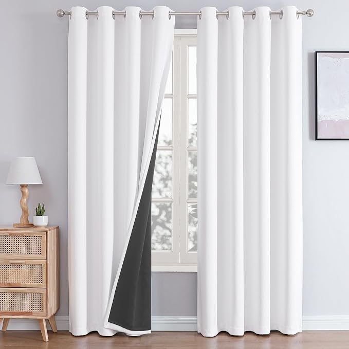 ChrisDowa White 100% Blackout Curtains for Bedroom 90 Inches Long 2 Panels | 2 Thick Layers, Thermal Insulated, Grommet, Window Treatment, Living Room Drapes with Black Liner, Pure White, 52 x 90 Inch