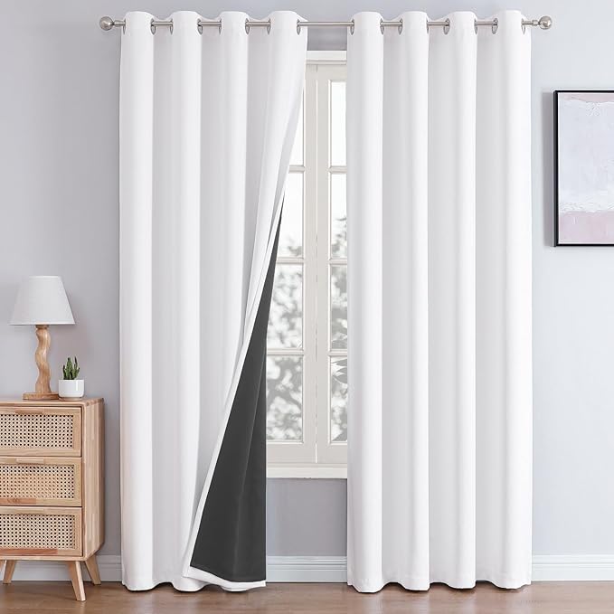 ChrisDowa White 100% Blackout Curtains for Bedroom 72 Inches Long 2 Panels | 2 Thick Layers, Thermal Insulated, Grommet, Window Treatment, Living Room Drapes with Black Liner, Pure White, 52 x 72 Inch