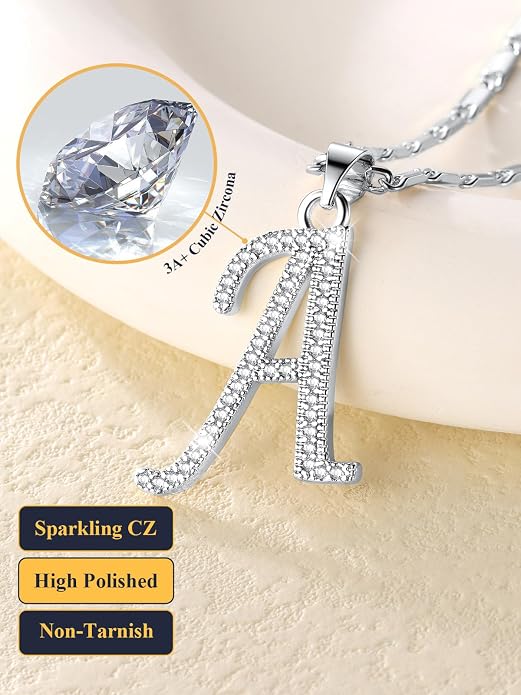 U7 Initial Necklace for Women, Gold/Platinum Plated CZ Crystal Letter A-Z Pendant Necklace, Shiny 20 Inch Name Chain Dainty Personalized Jewelry for Men Mom Wife Friend