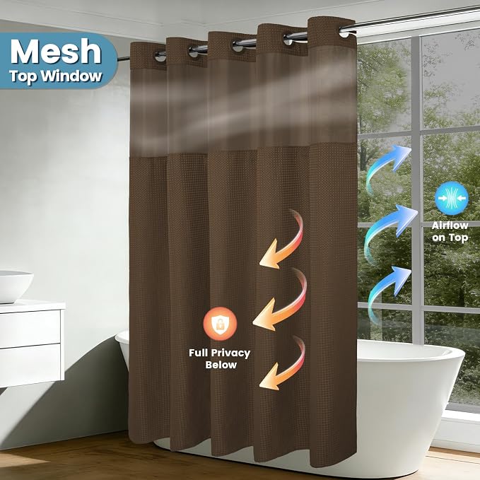 EUTXL Heavyweight Brown Stall No Hook Shower Curtain with Snap in Liner,256GSM Waffle Weave Shower Curtains for Bathroom,54W x 80H