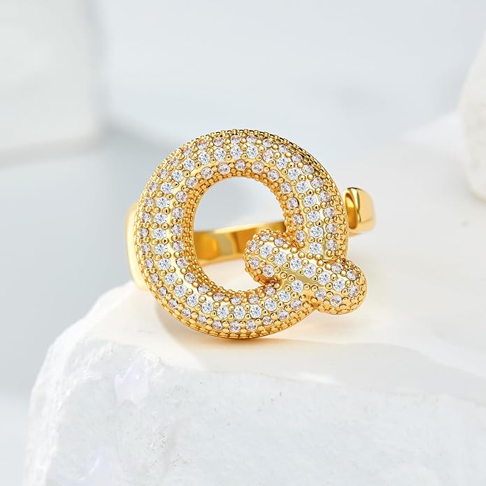 Cicy Bell Initial Rings for Women 14k Gold Plated Cubic Zirconia Delicate Letter Chunky Statement Open Rings Gifts for Her