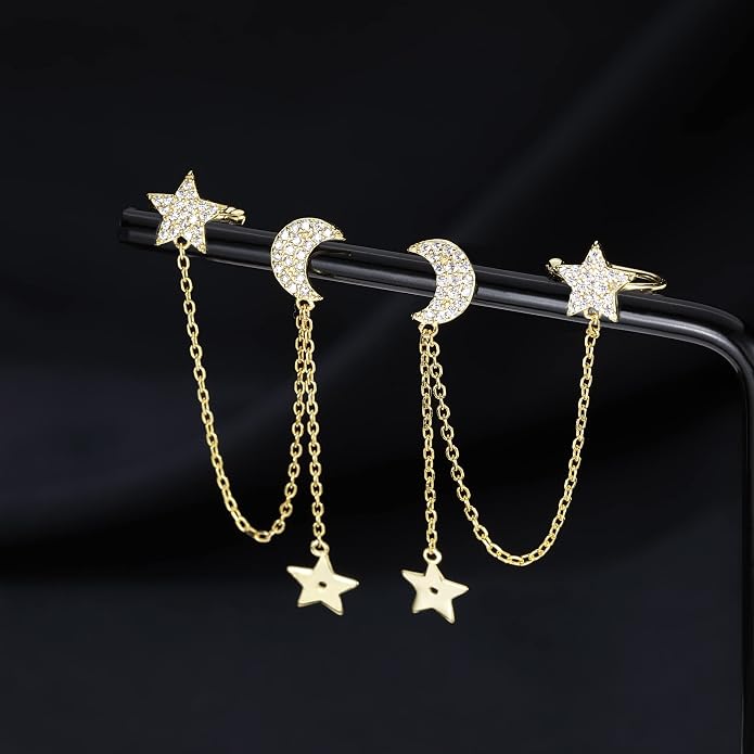 SLUYNZ 925 Sterling Silver Cuff Earrings Chain for Women Asymmetric Star Moon Earrings Crawler Dangling Chain