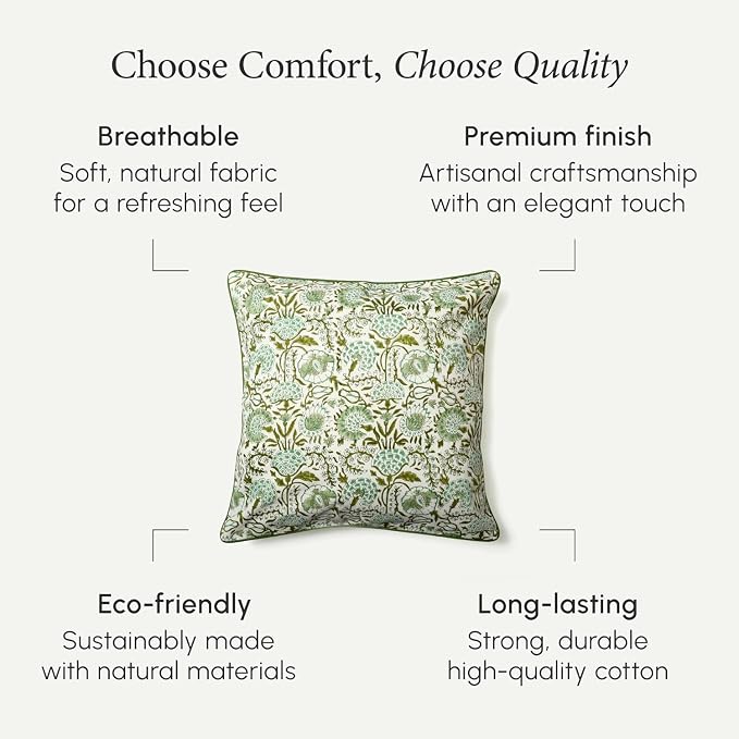 CPC 100% Cotton Throw Pillow Covers 16X16 Block Print Pattern Couch Pillow, Cute Boho Decorative Pillows for Living Room, Bedroom with Hidden Zipper- Coral Pink