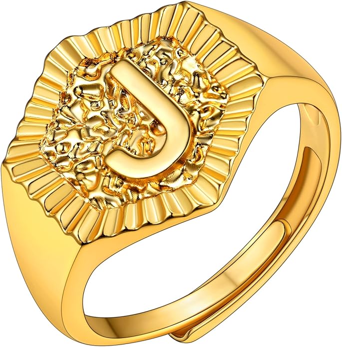 KeyStyle Bold Initial Letter Rings Adjustable, GoldChic Jewelry Women Gold Statement Ring Personalized Engraved Women’s Open Signet Ring for Party (Gold, White Gold, Black)