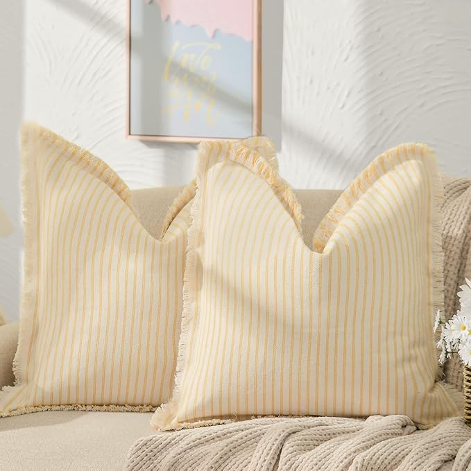 ZWJD Throw Pillow Covers 20x20 Set of 2 Striped Pillow Covers with Fringe Chic Cotton Decorative Pillows Square Cushion Covers for Sofa Couch Bed Living Room Farmhouse Decor, (Yellow)