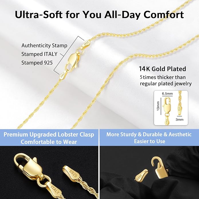 2mm Rope Chain 925 Sterling Silver Chain Necklace for Women, 14K Gold Plated Chains for Women Durable & Smooth Women's Chains Necklace, 16 18 20 22 24 26 Inch