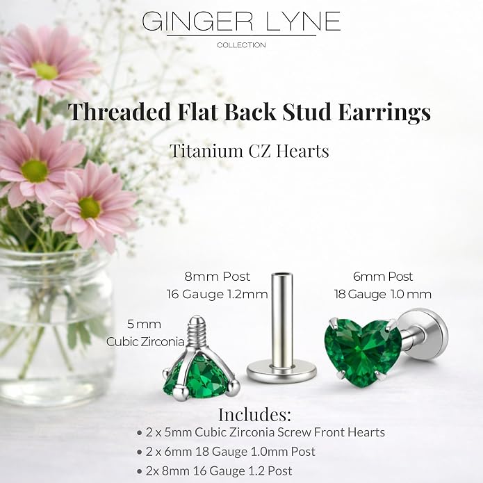 Titanium Heart CZ Labret Stud Earrings for Piercings by Ginger Lyne 6Pc Set G23 Screw Front Flat Back Body Jewelry 2 pair post 6mm, 8mm Cartilage, Helix, Tragus, Lip, Conch, Lobe