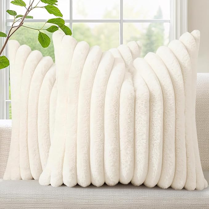 decorUhome Fall Faux Fur Throw Pillow Covers 12x12 Set of 2 Cream White | Decorative Soft Cozy Striped Plush Modern Farmhouse Boho Couch Pillow Cases Velvet Back for Sofa Bed Living Room Home Decor