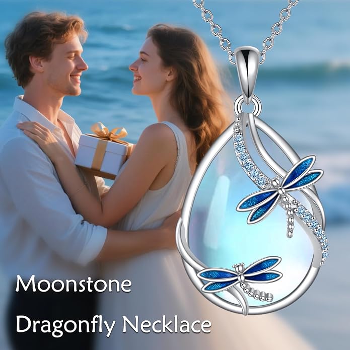 KQF Dragonfly/Butterlfy/Cat/Jellyfish/Bunny/Axolotl/Bee/Mermaid/Hummingbird/Elephant Necklace for Women Sterling Silver Moonstone Pendant Necklace Dragonfly Jewelry Gifts for Women