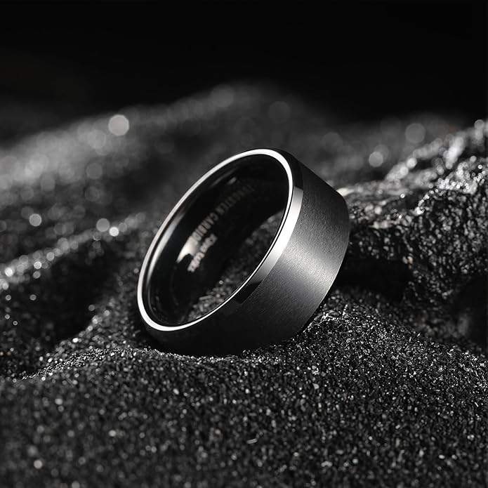 King Will Tungsten Men's Wedding Ring - Available in 6mm to 10mm, Black/Silver, Matte Finish, Beveled Polished Edge, Comfort Fit