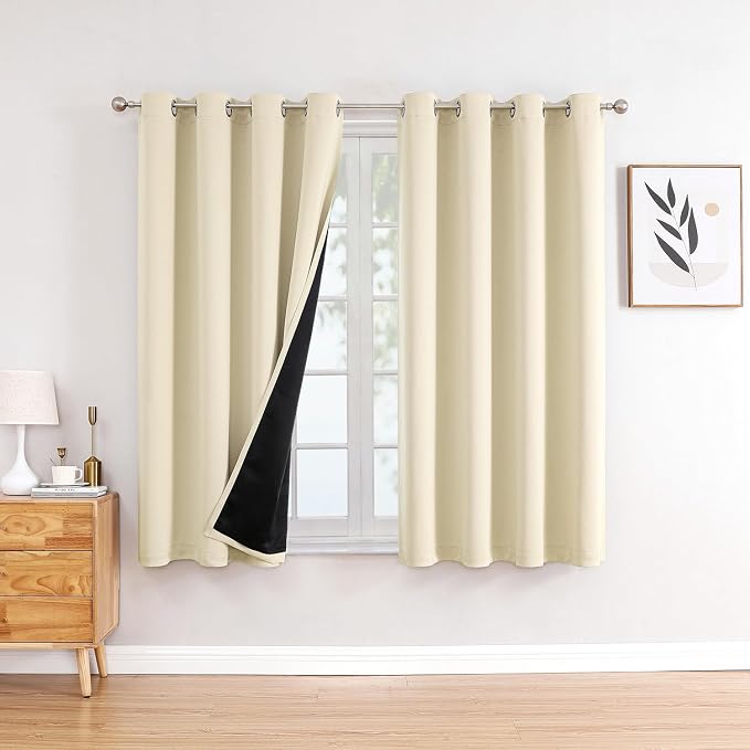 ChrisDowa 100% Blackout Curtains for Bedroom 2 Panels Set with Black Liner | 2 Thick Layers, Thermal Insulated, Light Blocking, Grommet, Window Treatment, Living Room Drapes, Light Beige, 52 x 54 Inch