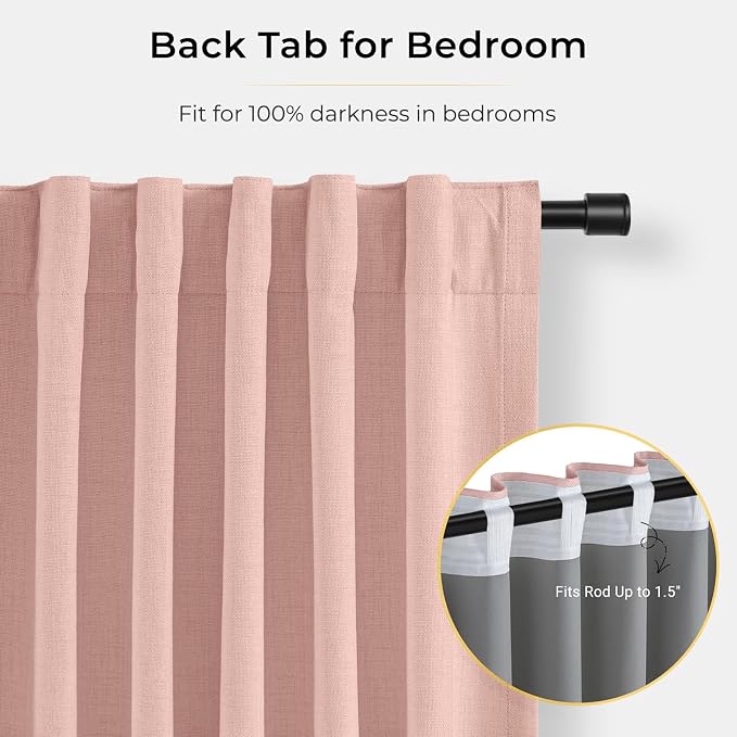 INOVADAY 100% Blackout Curtains for Bedroom, Blush Pink Black Out Curtains 90 Inch Long, Clip Rings Linen Blackout Drapes, Thermal Insulated Room Darkening for Living Room, 2 Panels - W50xL90